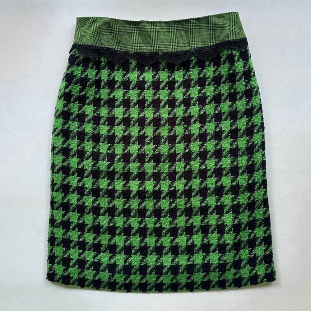Victor Costa Vintage Houndstooth Check Tweed Pencil Skirt Bright Green & Black